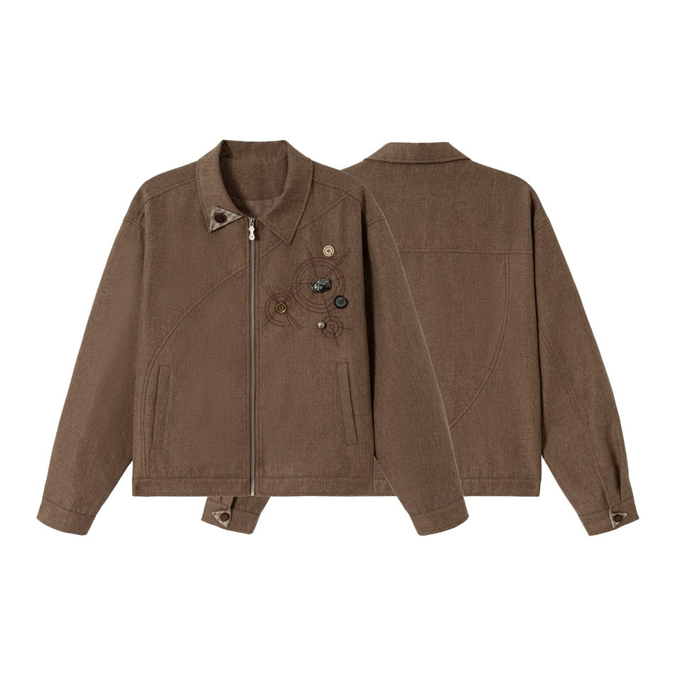 Unisex Stylishly Cut Cotton-Linen Blouson Jacket with Decorative Button Applique Chichicherry