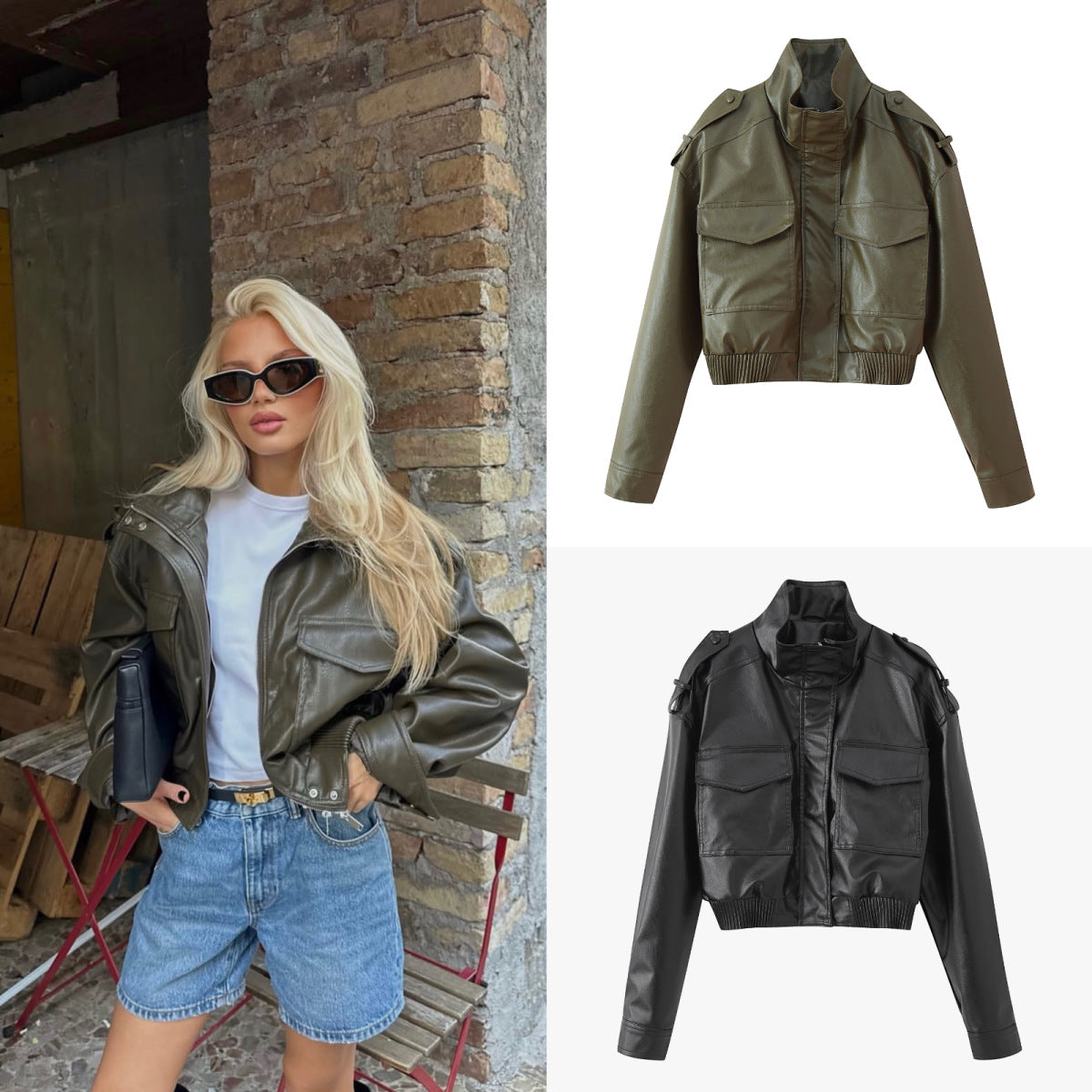 Women's short cut blouson jacket made of vegan leather with shoulder flaps and flap pockets Chichicherry