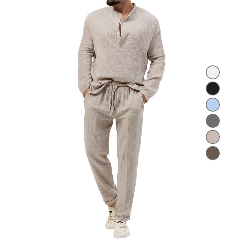 Men's Casual Two-Piece Lounge Set made of Cotton Gauze with Henley Top and Drawstring Pants Chichicherry