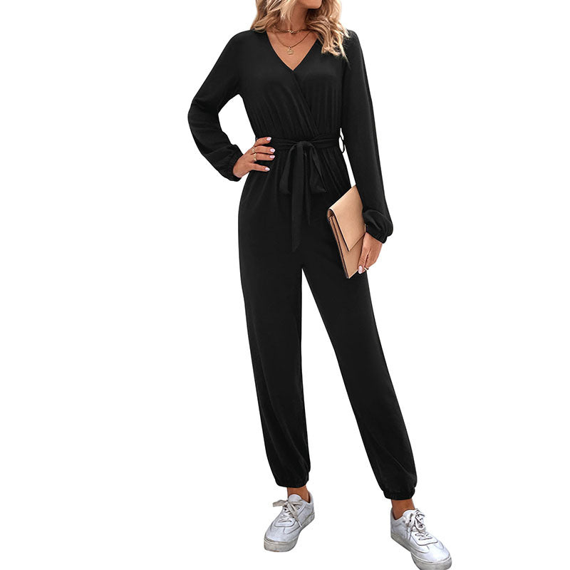 Women One-Piece Jumpsuit with V-Neck, Drawstring Waist Belt & Jogger Cuffs Chichicherry