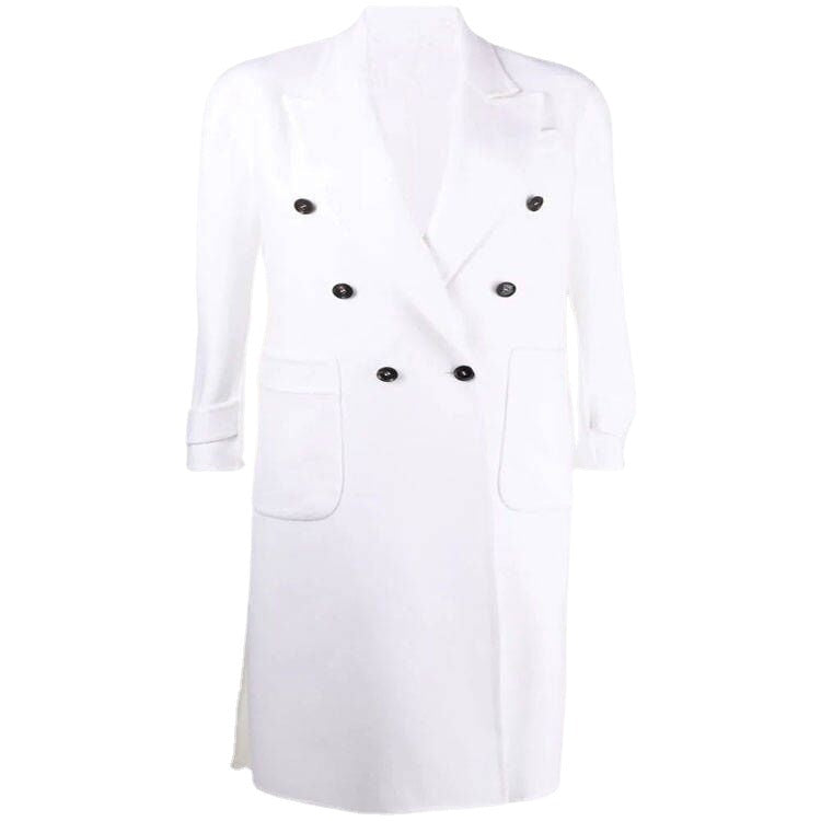 Women Double-breasted Midi Coat in Modern Tailoring with Extended Lapels and Patch Pockets Chichicherry
