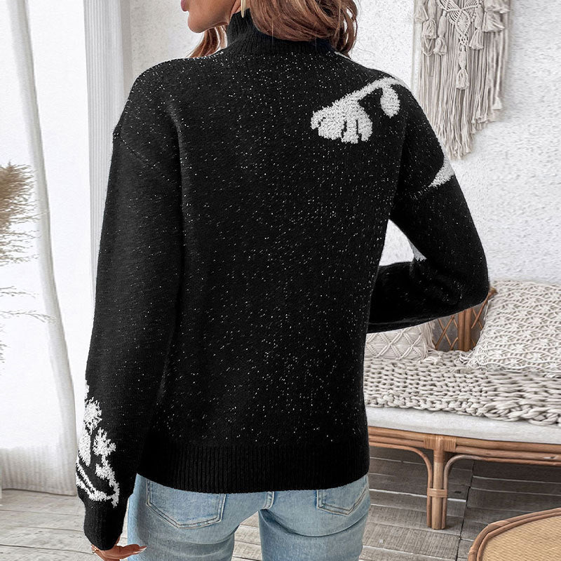 Women’s Floral Intarsia Knit Sweater with Stand-Up Collar and Loose Silhouette Chichicherry