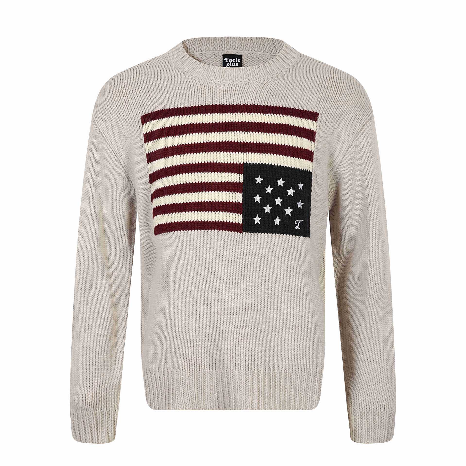 Women's Coarse Knit Round Neck Sweater with Flag Intarsia and Ribbed Cuffs Chichicherry
