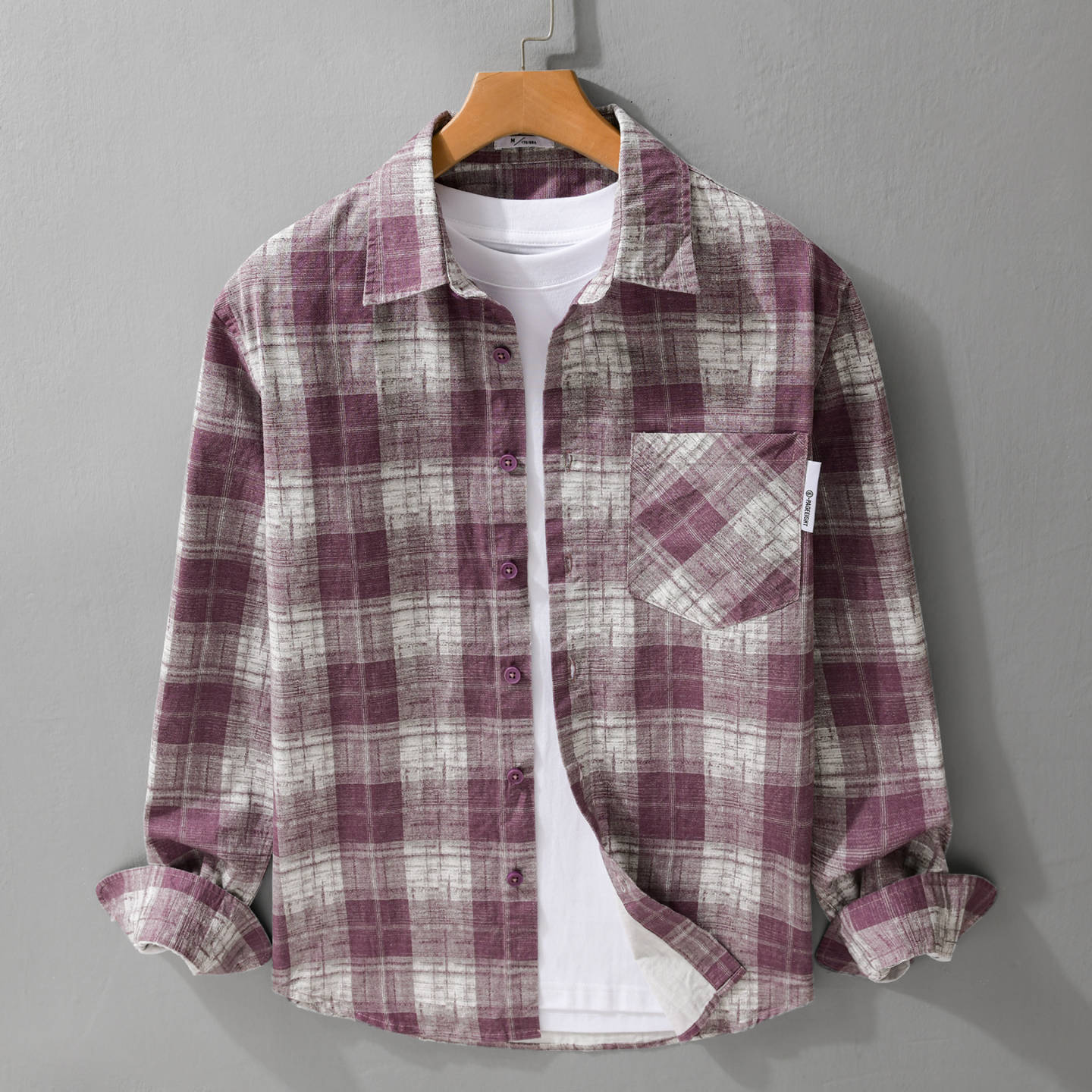 Men's Lightweight Checkered Layering Overshirt made of Cotton-Linen Blend with Diagonal Chest Patch Chichicherry