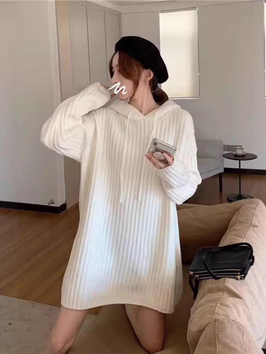 Women's knit hoodie dress with ribbed texture and oversized silhouette Chichicherry