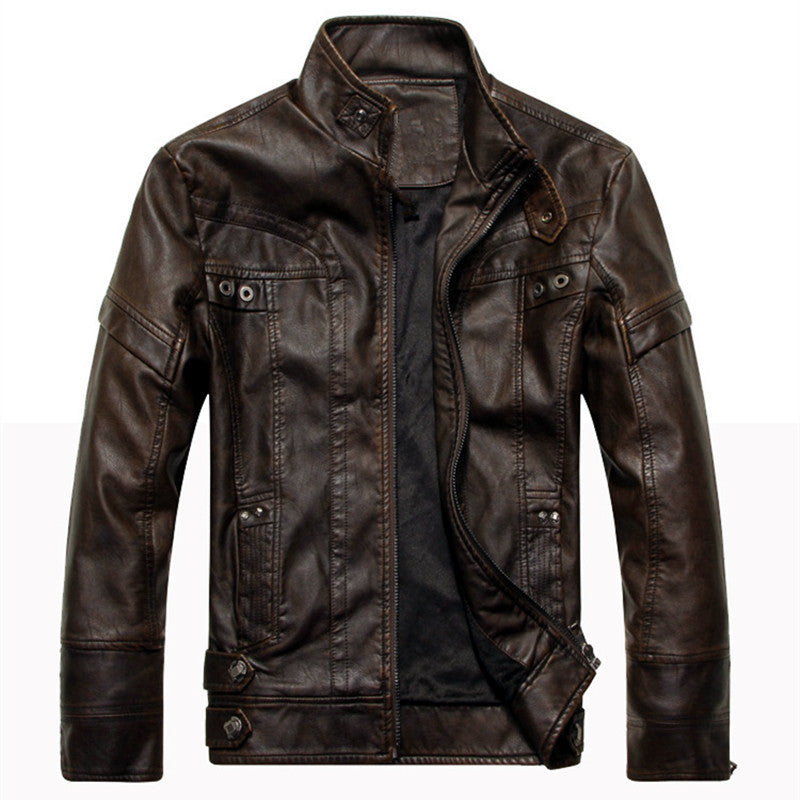 Men's leather jacket in pilot bomber style with stand-up collar, decorative seams, and multiple pockets Chichicherry
