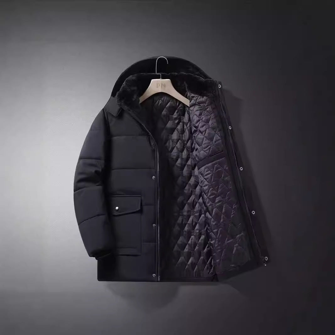 Men's short parka with quilted thermal lining, hood attachment, and multifunctional flap pockets Chichicherry