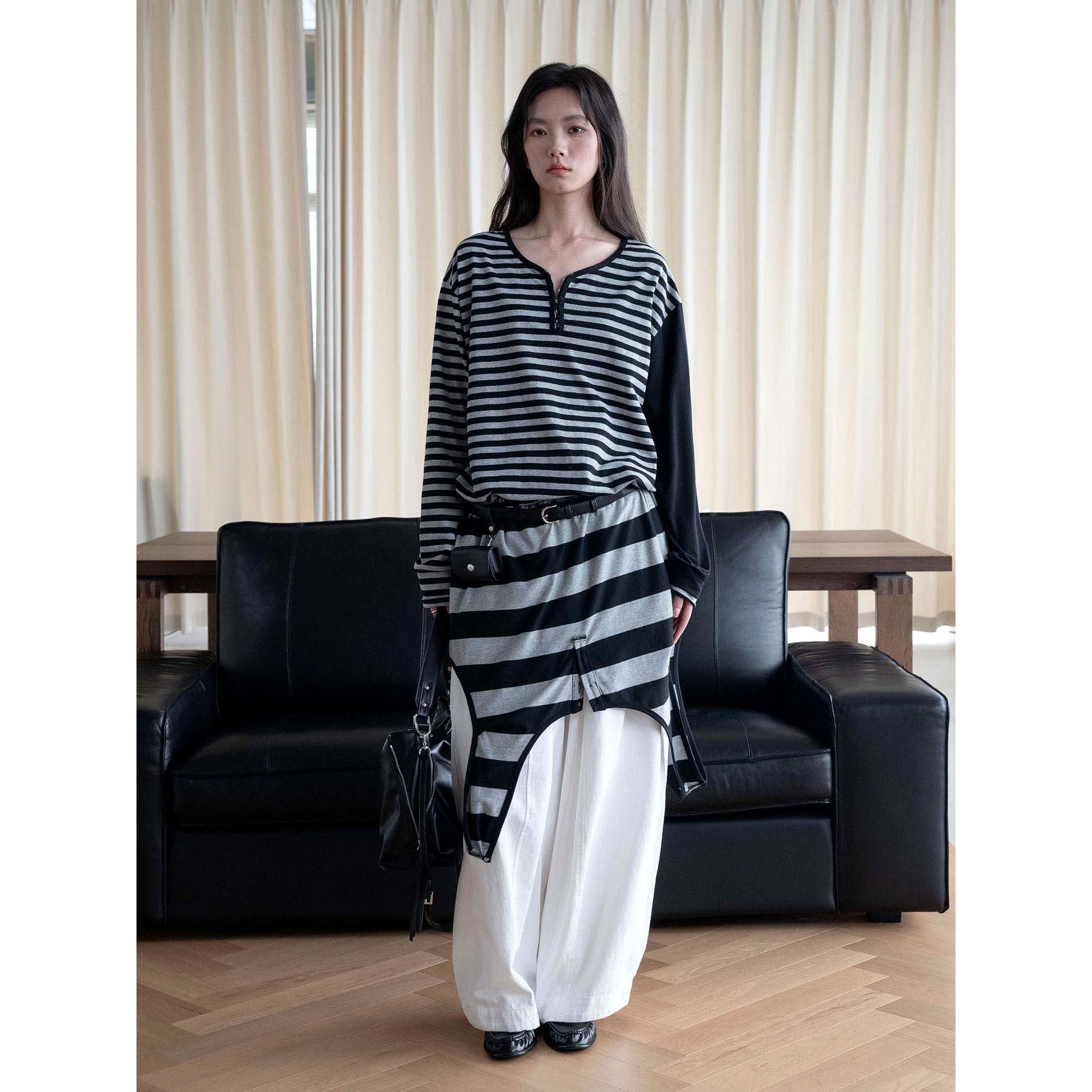 Women Oversized Stripe Henley Shirt with Button Placket and Drop Shoulder Chichicherry