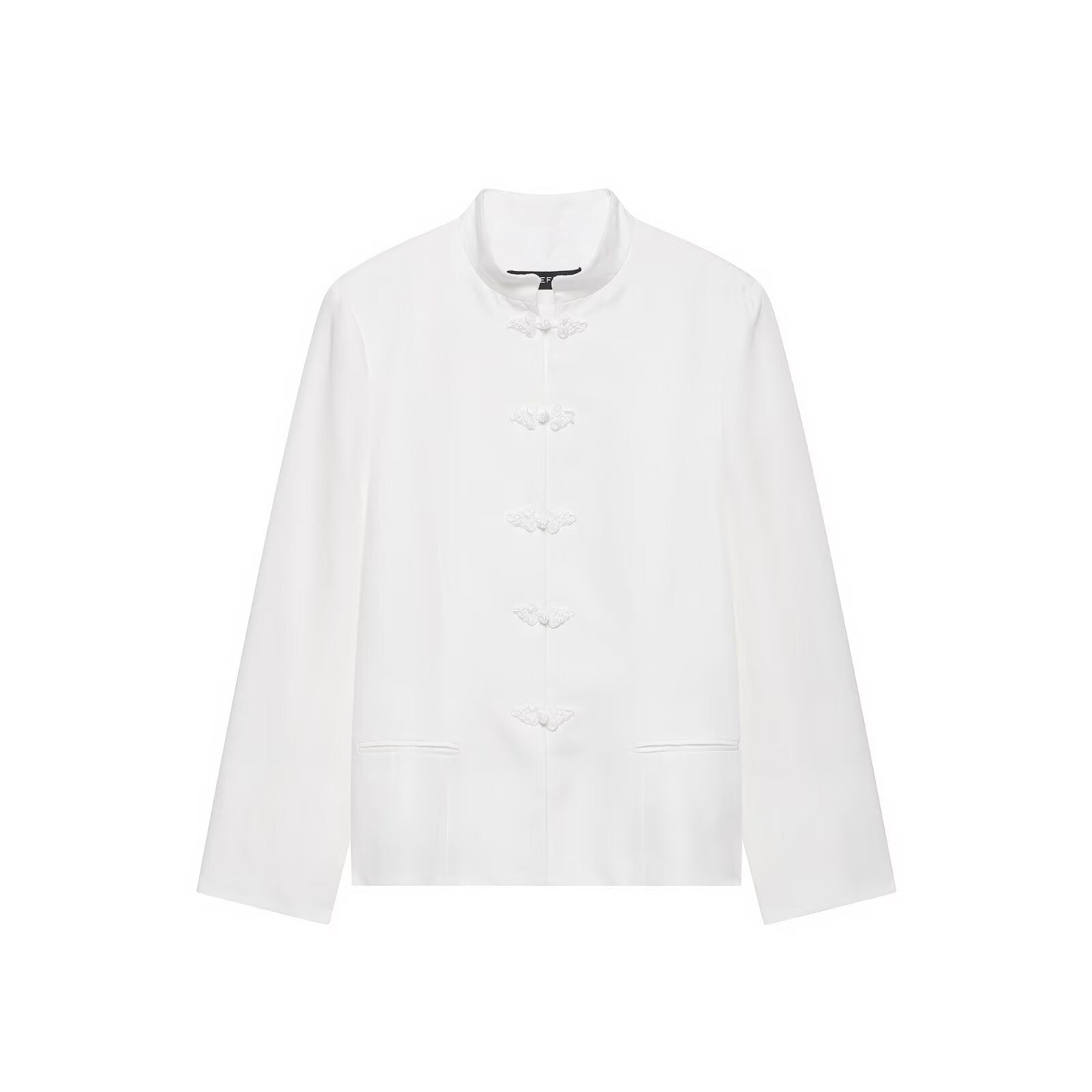 Women's Boxy Short Jacket with Stand-up Collar, Decorative Knot Closures and Welt Pockets Chichicherry