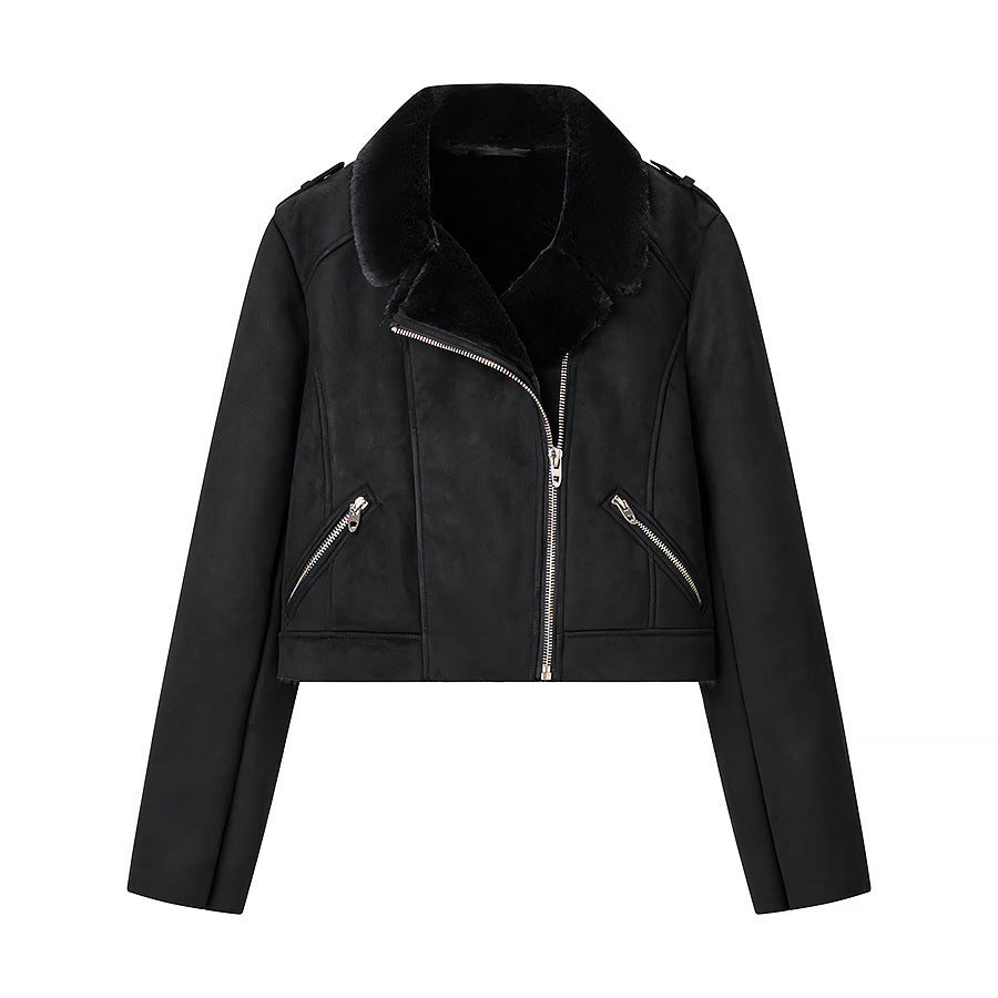 Women Short Biker Jacket with Faux Fur Collar and Suede Look Chichicherry