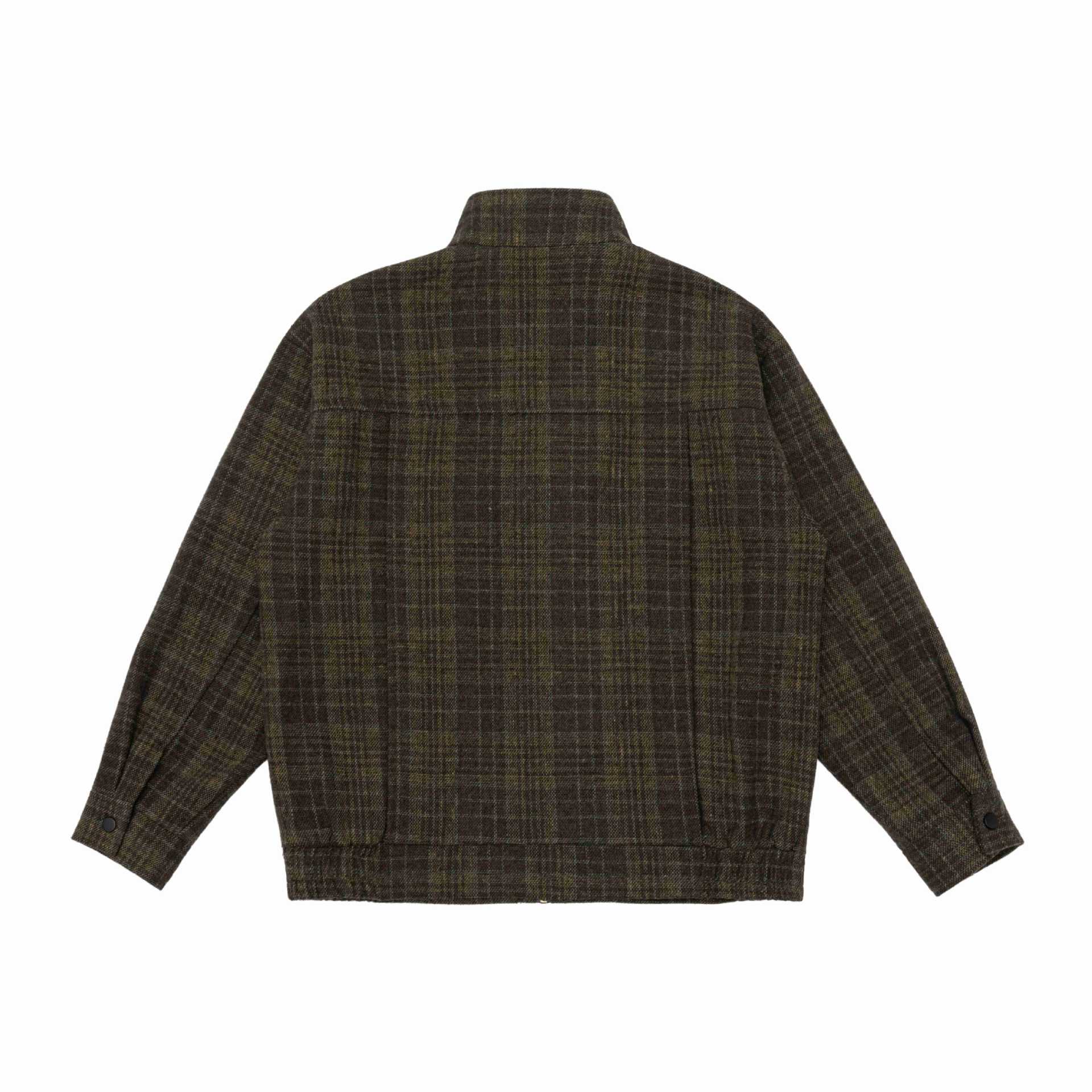 Men's Short Cut Wool Blend Puffer Jacket with Check Pattern and Stand Collar Chichicherry