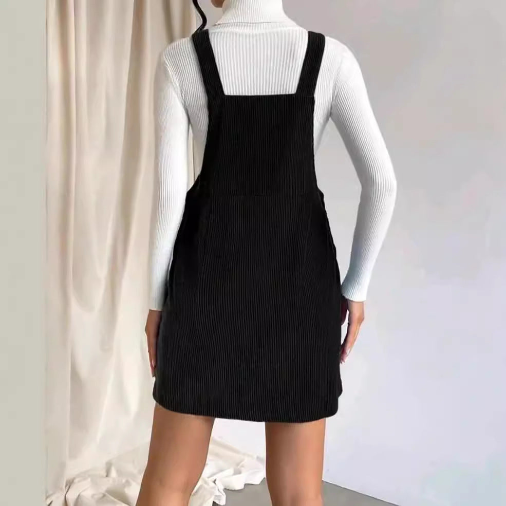 Damen Cord-Latzkleid mit verstellbaren Trägern, Seitlicher Druckknopfleiste und feinem Ripp-Effekt Chichicherry