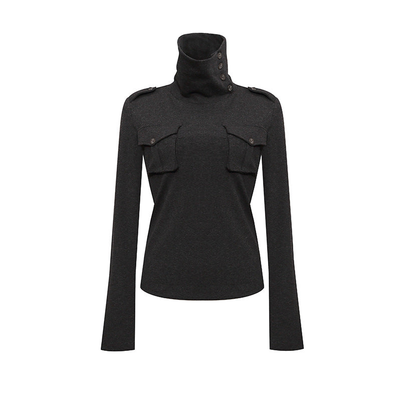 Women's turtleneck top with high turned-over collar, breast flaps and shoulder straps Chichicherry