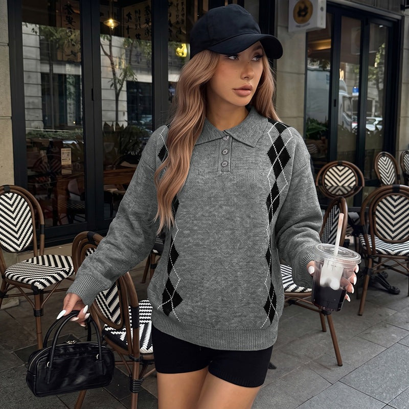 Women's Casual Argyle Polo Knit Sweater with Polo Collar and Button Placket Chichicherry