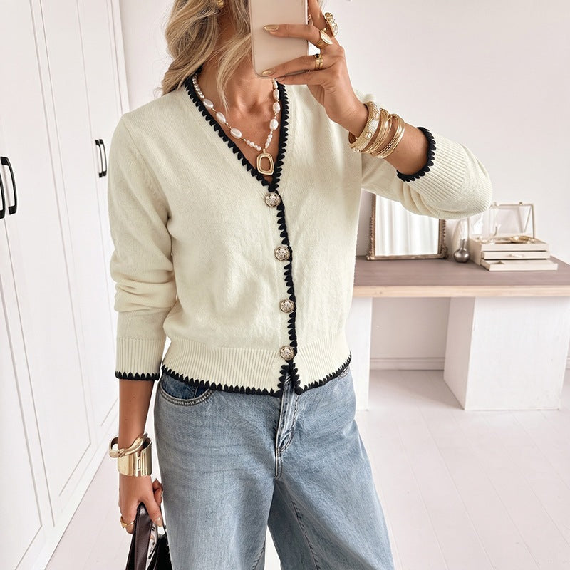 Women's Fine Knitted V-Neck Cardigan with Contrasting Decorative Edge and Decorative Buttons Chichicherry