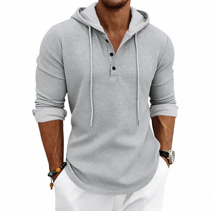 Men's Textured Hooded Long Sleeve Shirt with Button Placket and Waffle Texture Chichicherry