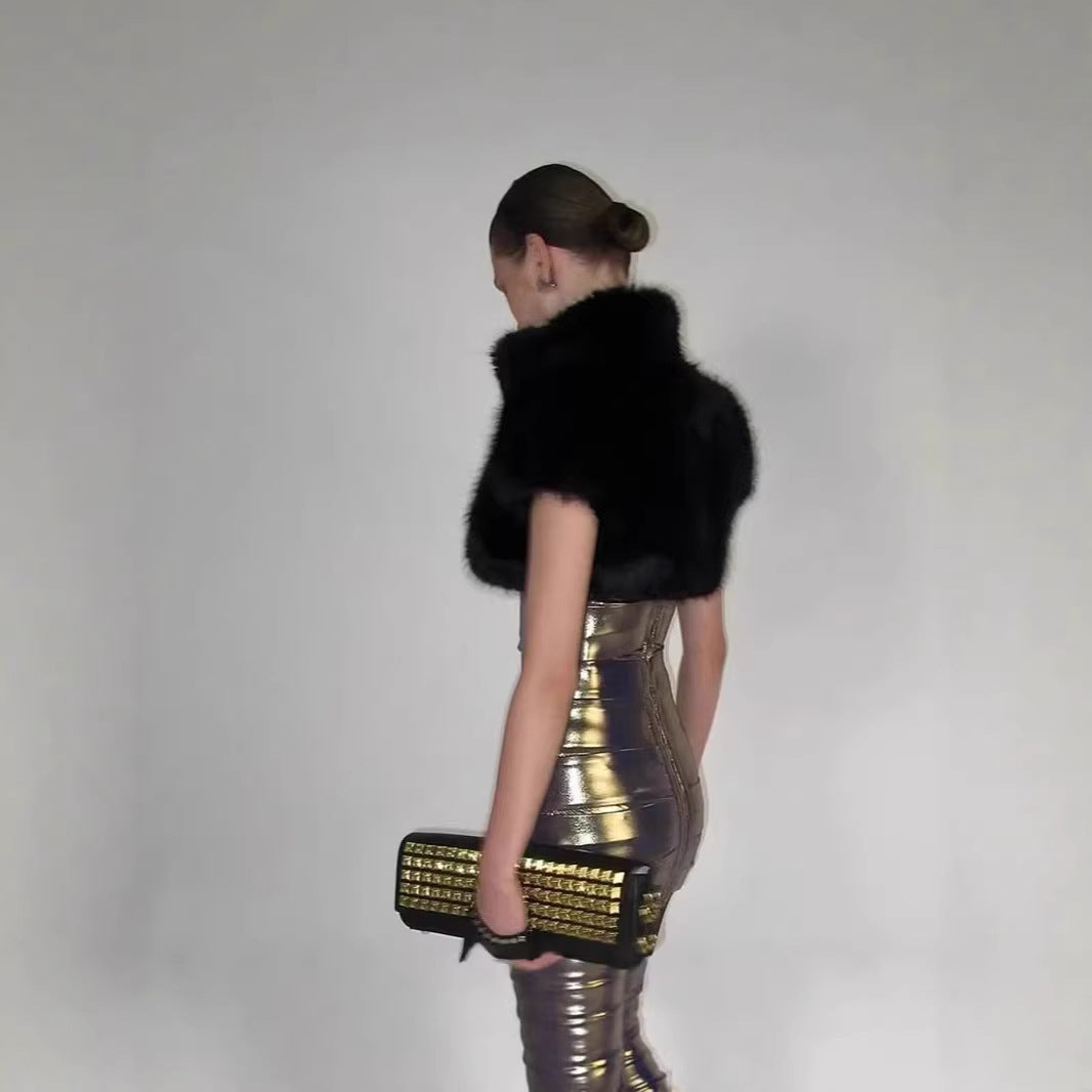 Women's Cropped Faux Fur Bolero with Voluminous Shawl Collar and Puff Sleeves Chichicherry
