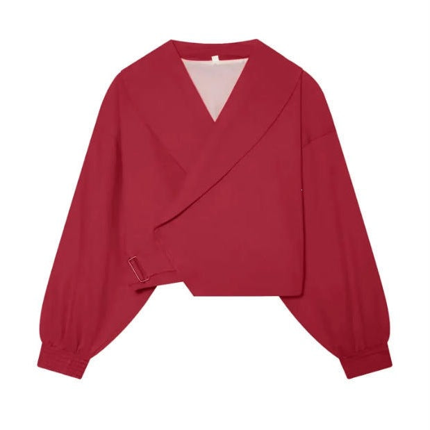 Ladies short-cut wrap blazer with balloon sleeves and waist belt Chichicherry