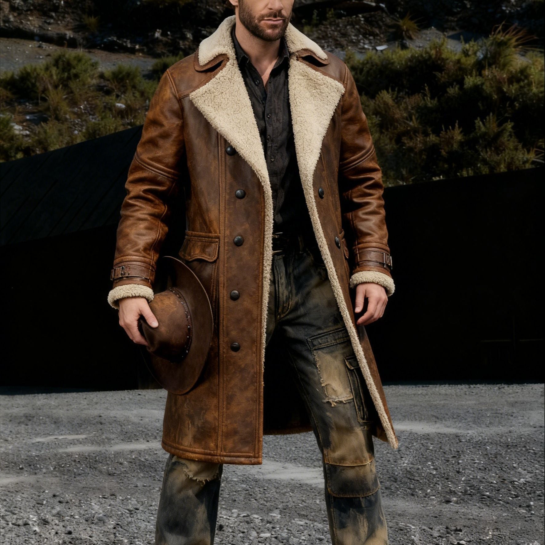 Men's Long Vintage Faux Leather Coat with Teddy Lining and Adjustable Buckle Cuffs Chichicherry