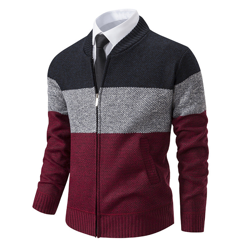Men's Structured Block Stripe Cardigan with Front Zip, Stand Collar and Patch Pockets Chichicherry