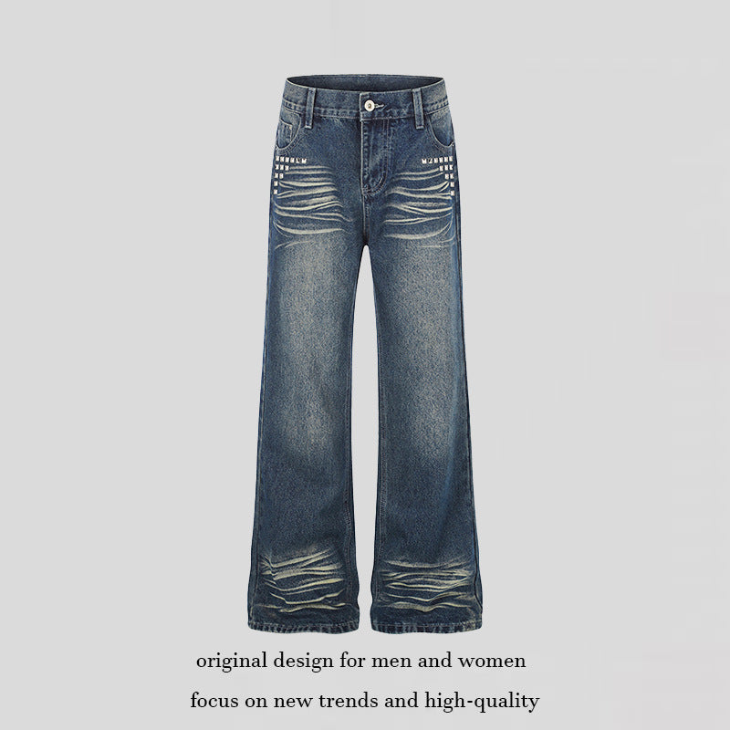 Women Wide High-Waist Distressed Jeans in Palazzo Style with Studded Detailing Chichicherry