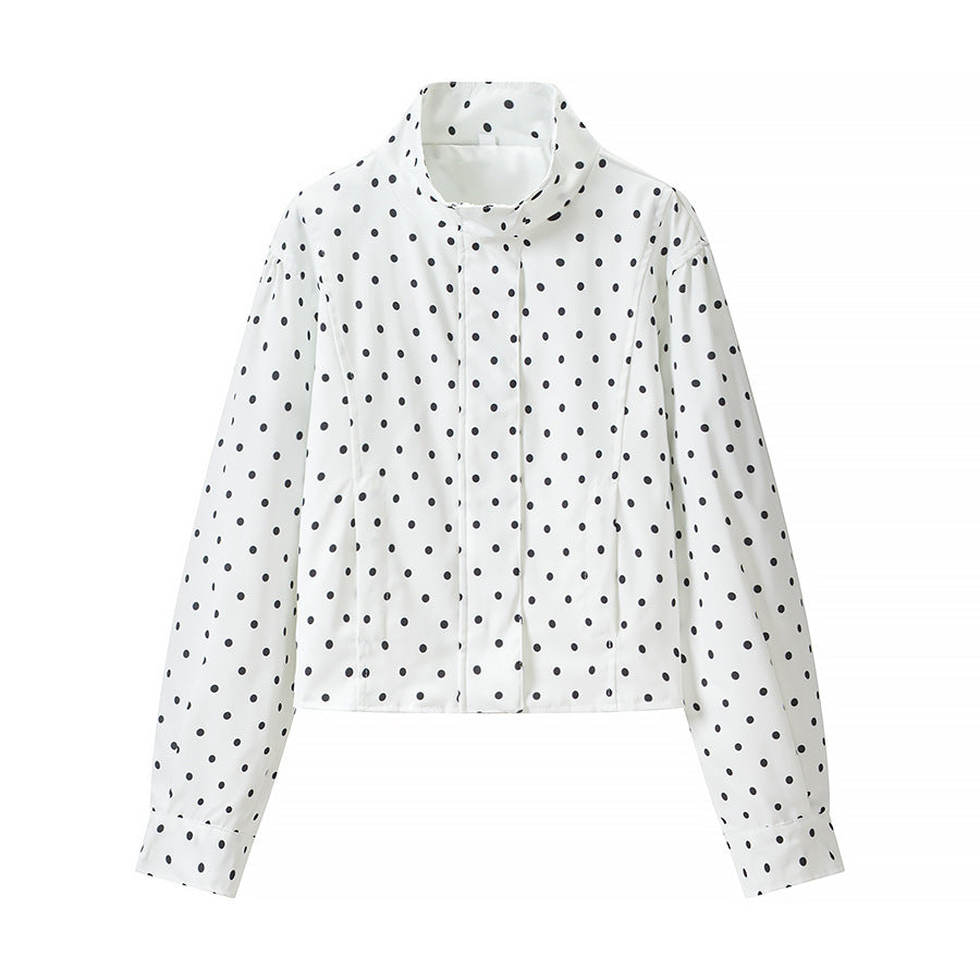 Women Polka Dot Short Jacket with Stand Collar and Concealed Snap Button Placket Chichicherry
