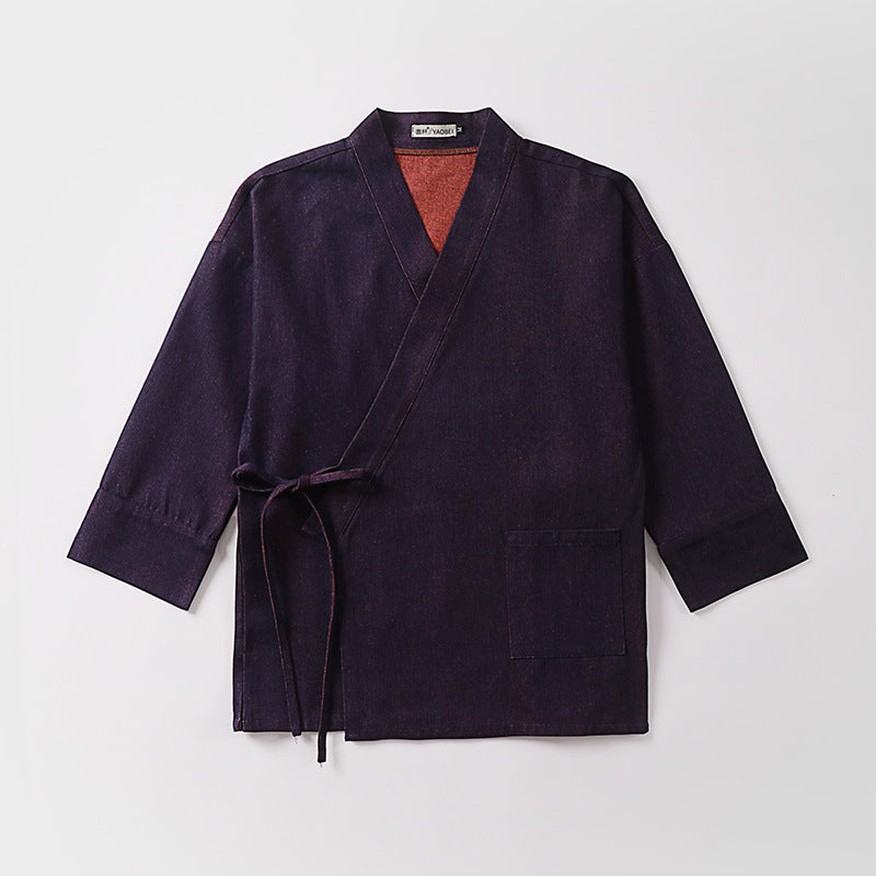 Unisex Lightweight Wrap Kimono Jacket made of Linen-Cotton Blend with Contrast Trim and Tie Belt Chichicherry