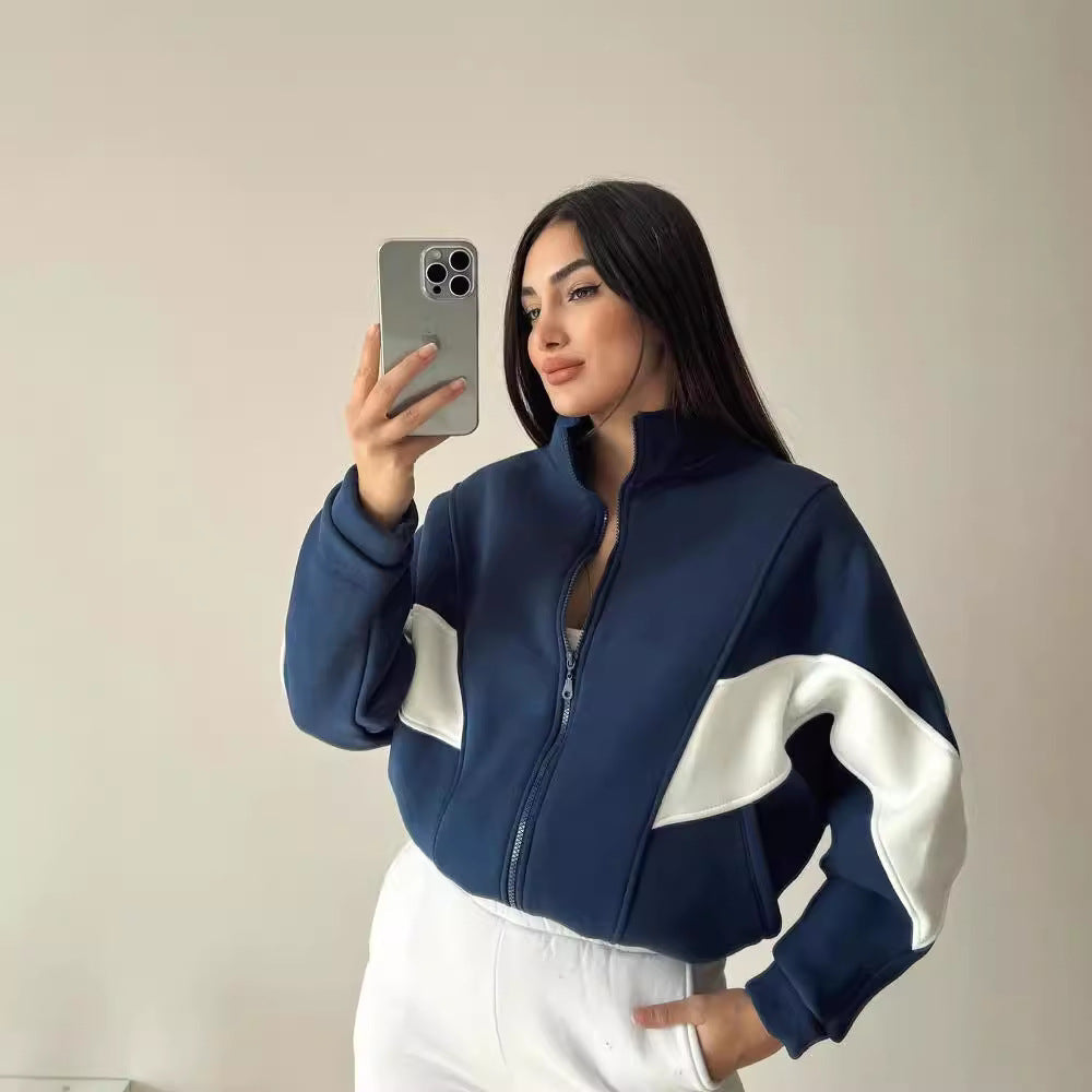 Damen Kurz geschnittener Stehkragen-Reißverschluss-Hoodie im Colorblock-Sportstyle Chichicherry