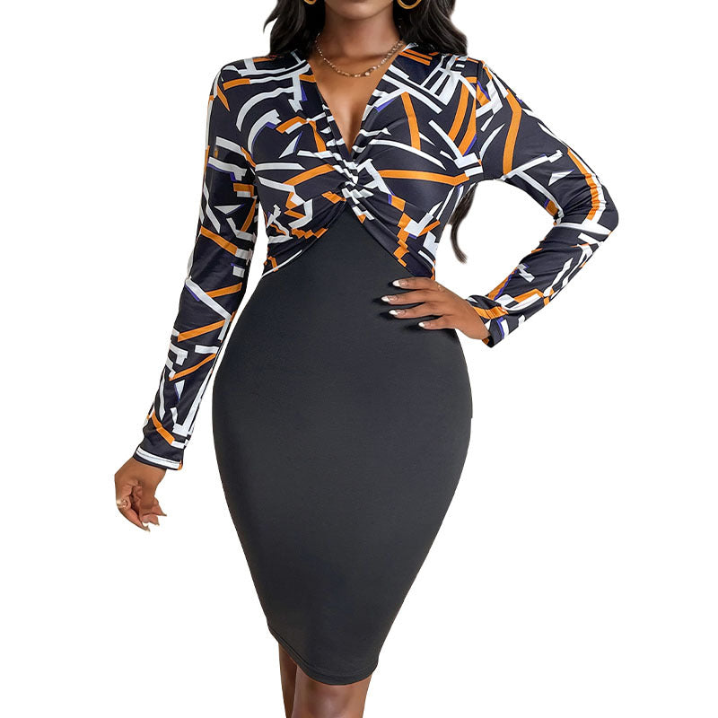 Women's Figure-hugging Wrap Dress with Graphic Print Top and Pencil Skirt Chichicherry