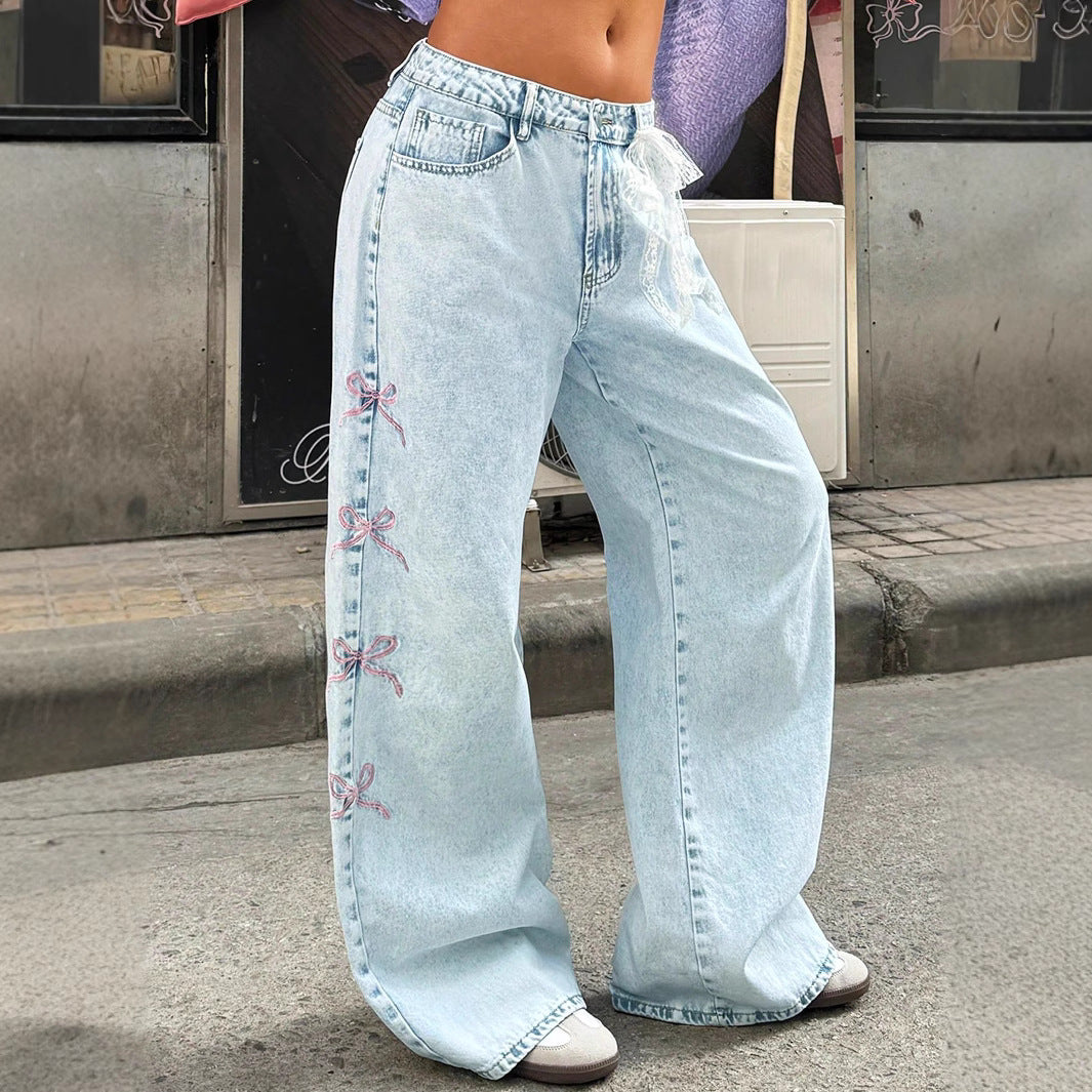 Ladies wide high-waist denim jeans with lace band belt and flared leg Chichicherry