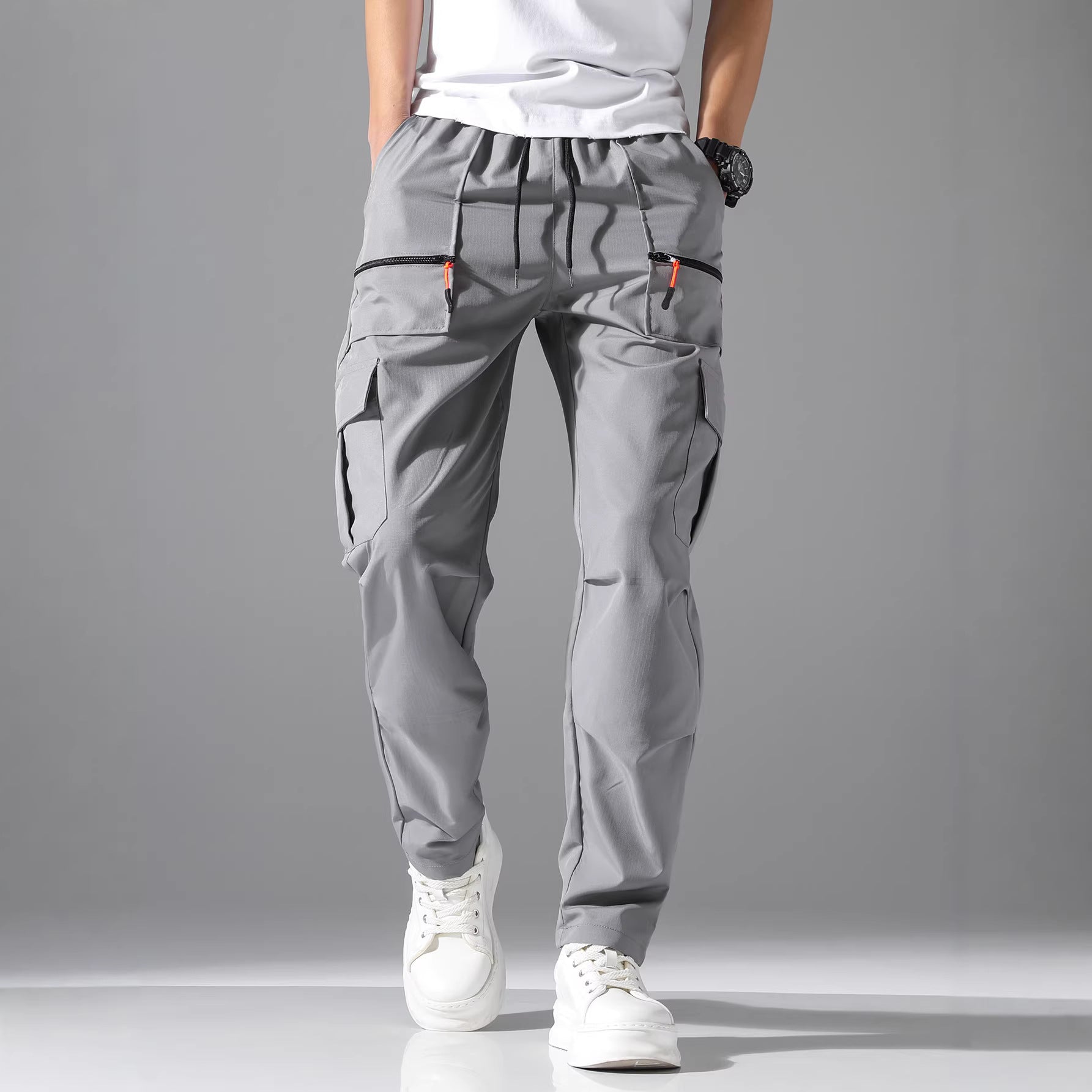 Men's utility cargo pants with zip pockets, drawstring waistband & pre-shaped knee sections Chichicherry