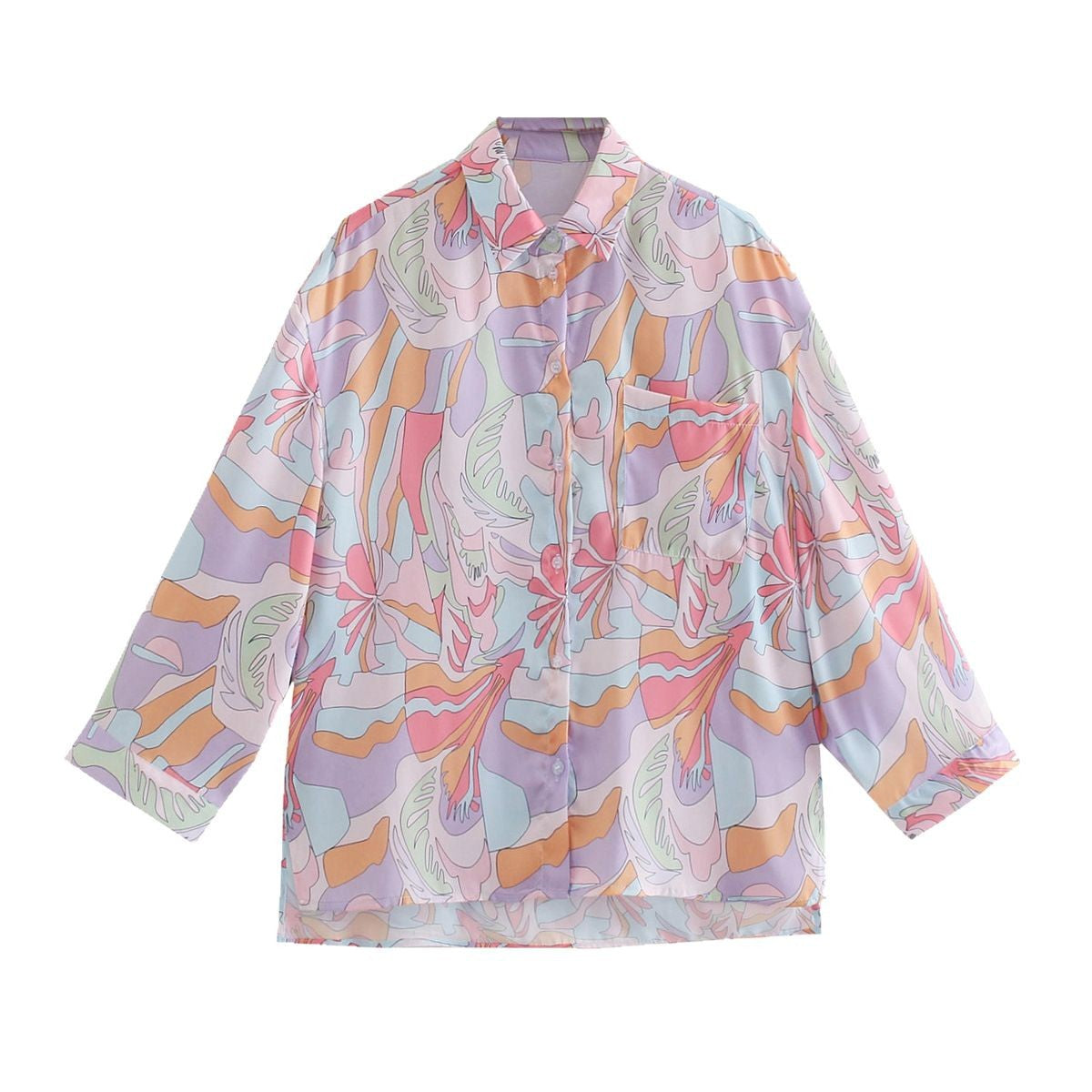Women Oversize Shirt Blouse with Abstract Allover Print, Lightweight Chiffon Top, Long Sleeves Chichicherry
