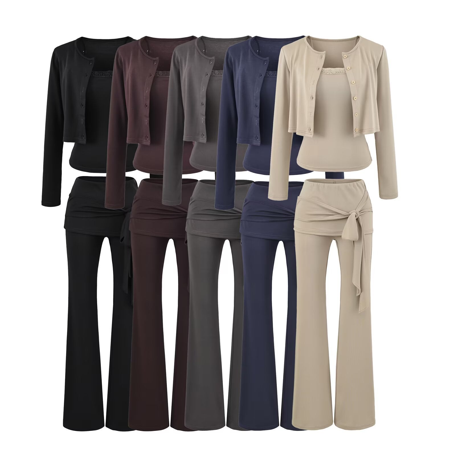 Women's three-piece lounge set with short button cardigan, lace top, and wrap flare pants Chichicherry