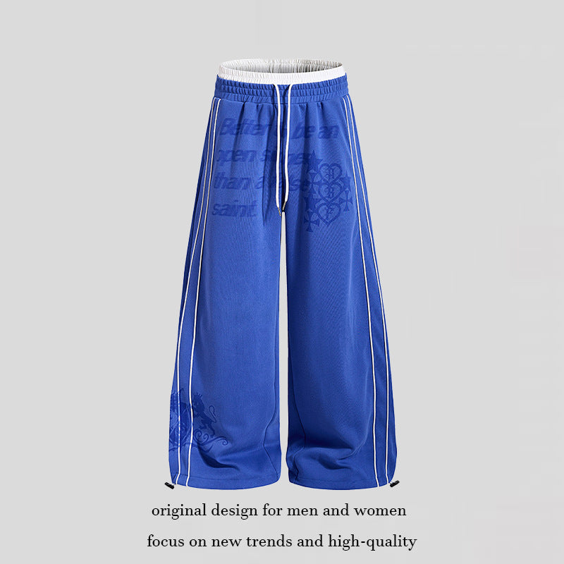 Women Wide Palazzo Training Pants with Elastic Waistband, Drawstring and Contrast Piping Chichicherry