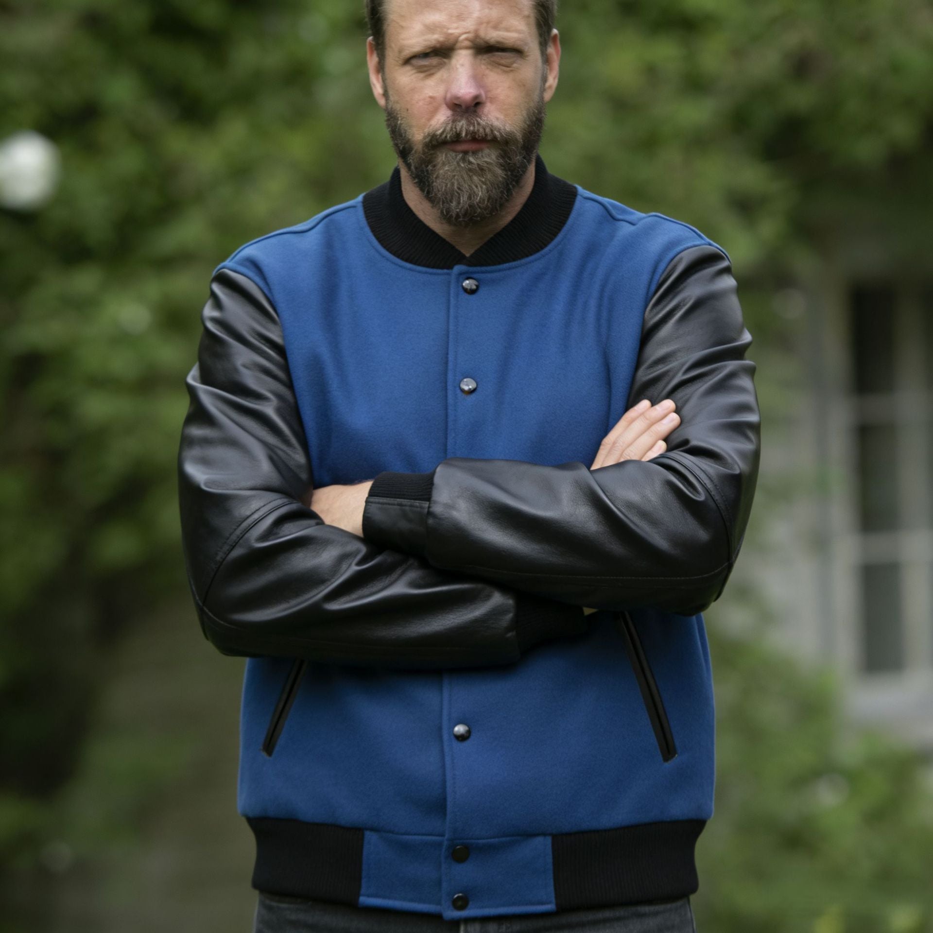 Men's College Bomber Jacket in Varsity Style with Wool Body and Leather Sleeves Chichicherry