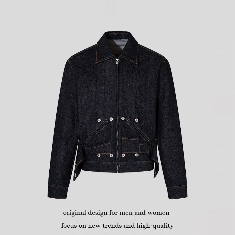 Women's Short Cut Denim Worker Jacket with Zip, Contrast Seams and Decorative Eyelets Chichicherry