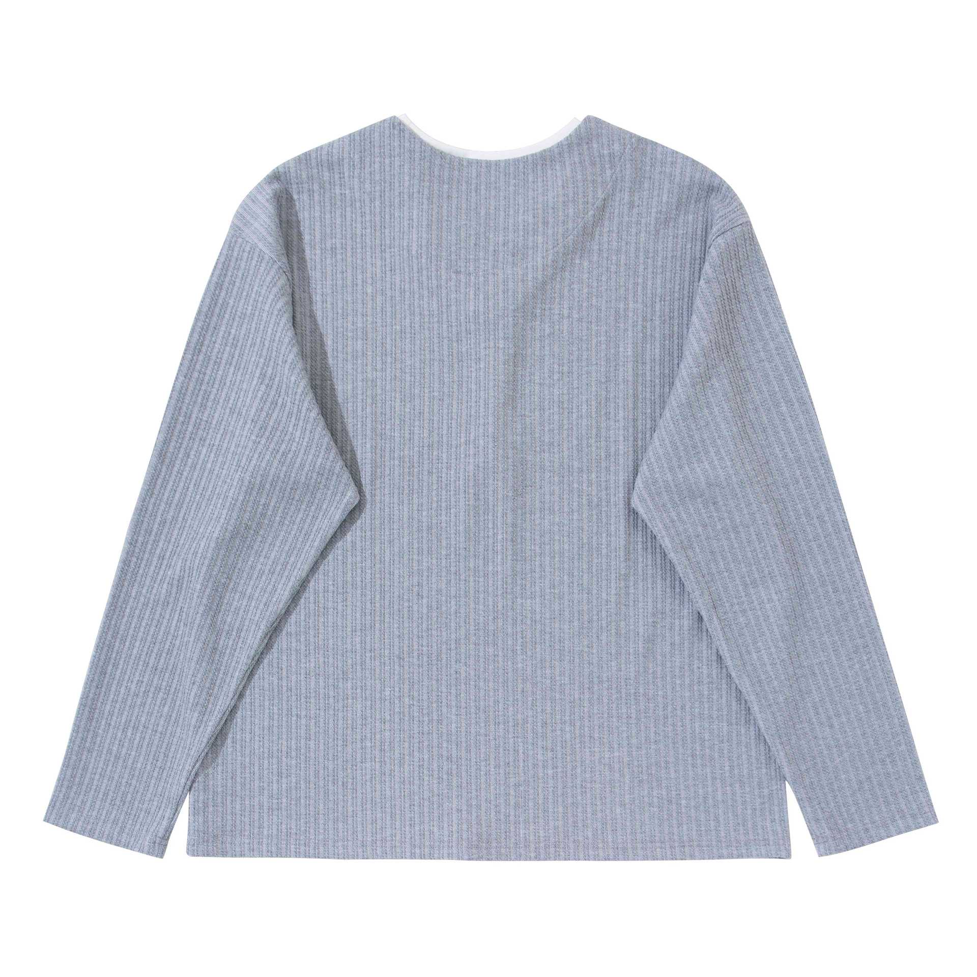 Unisex Ribbed Long Sleeve Pullover with V-Notch and Inserted Round Neck Underlayer Chichicherry