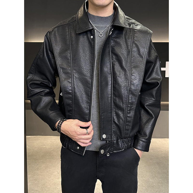 Herren Kurzer Oversized Lederimitat-Blouson mit Stehkragen, Reißverschluss und elastischem Saum Chichicherry