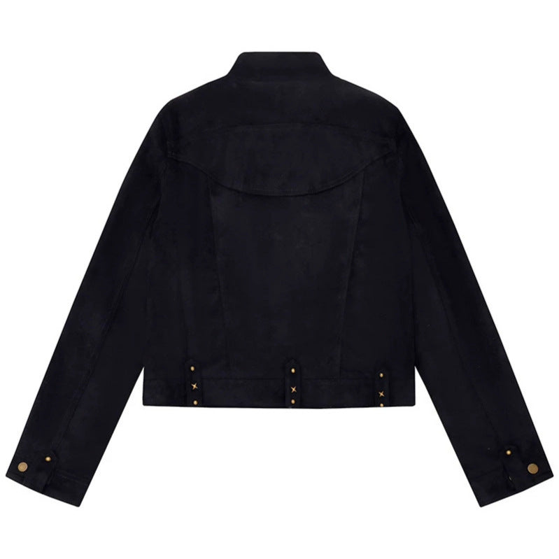 Women's short cut suede jacket with stand-up collar, decorative studs and flap pockets Chichicherry