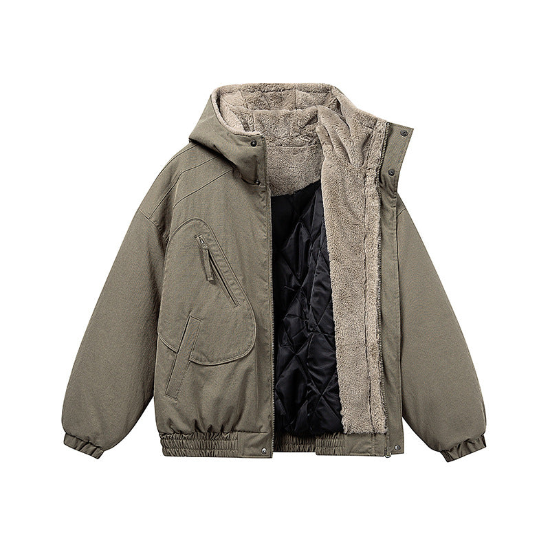 Unisex Short Cut Insulated Jacket in Boxy Cut with Teddy Inner Lining and Diagonally Inserted Zipper Pockets Chichicherry