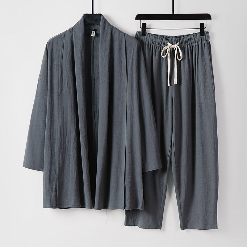 Unisex Lockeres Kimono-Lounge-Set made of lightweight cotton blend with shawl collar and drawstring pants Chichicherry