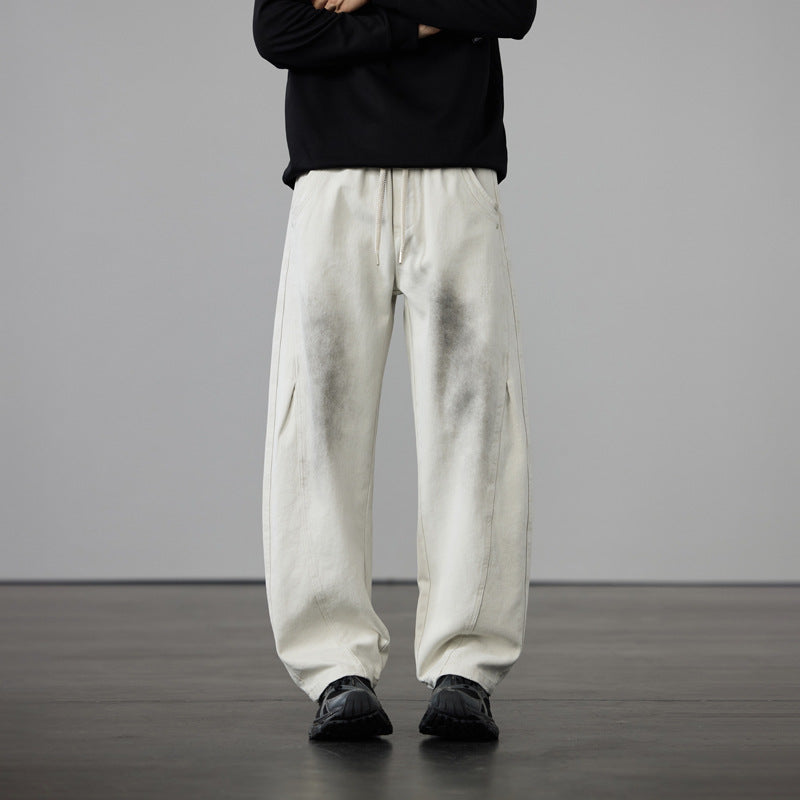Men's Wide Cotton Drawstring Pants in Vintage Wash Look Chichicherry