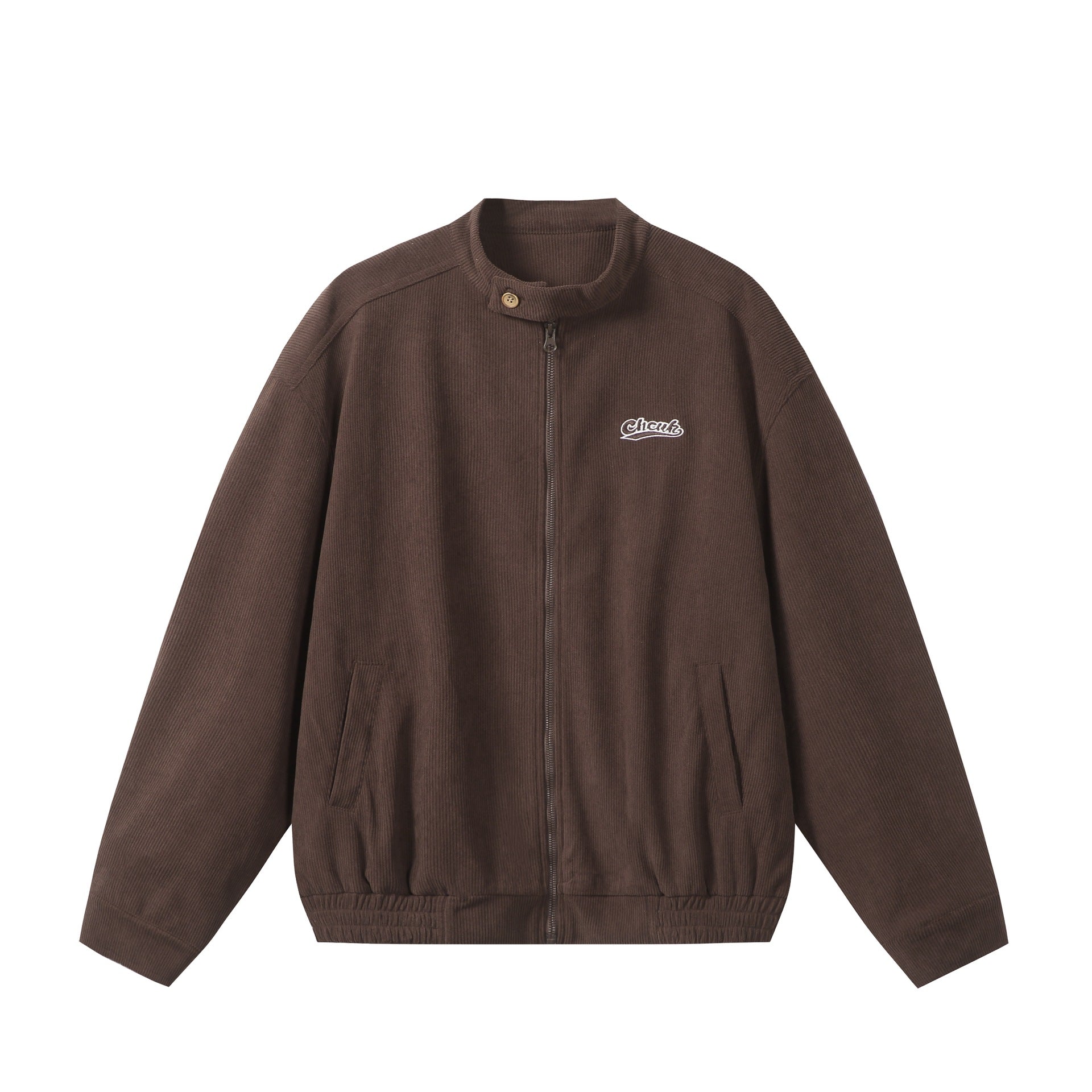 Unisex loose-fitting corduroy blouson jacket with stand-up collar, full-length zipper, and elastic hem Chichicherry