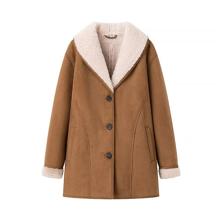 Women's midi coat made of lamb fur imitation with voluminous shawl collar and button closure Chichicherry