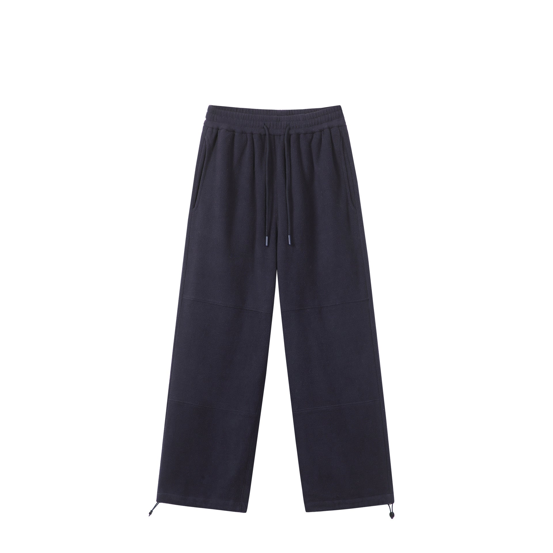 Women's wide fleece jogging pants with drawstring waistband, side pockets, and adjustable hem.