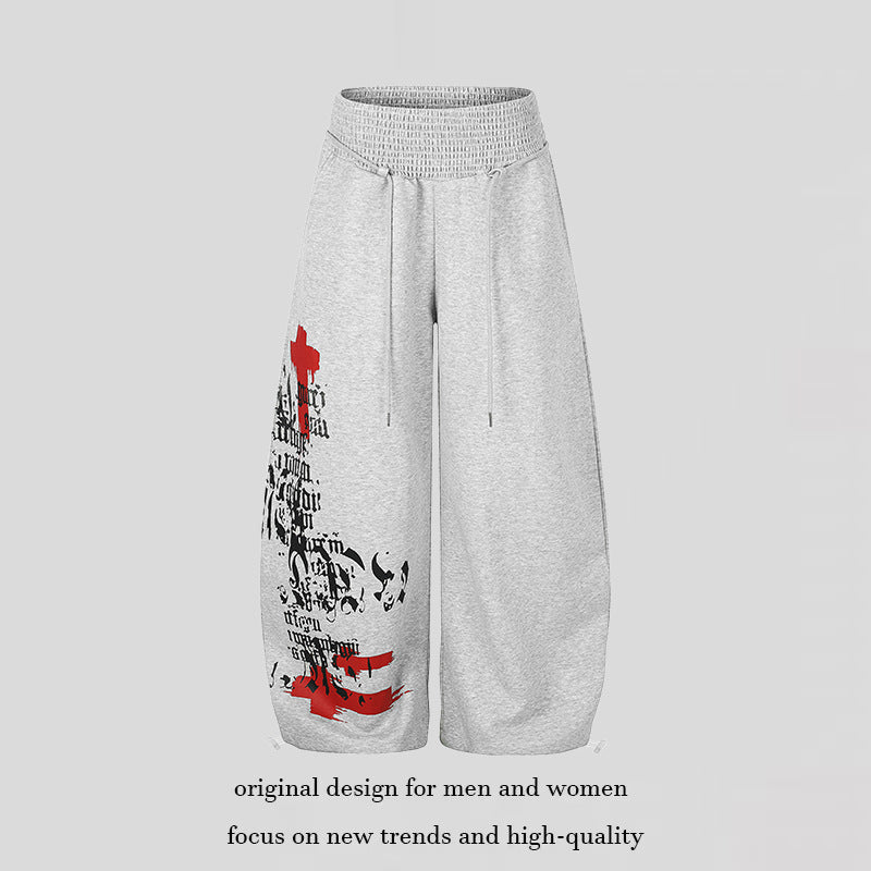 Women Extra Wide Balloon Palazzo Sweatpants with Ribbed Comfort Waistband, Drawstring and Typographic Gothic Print Chichicherry