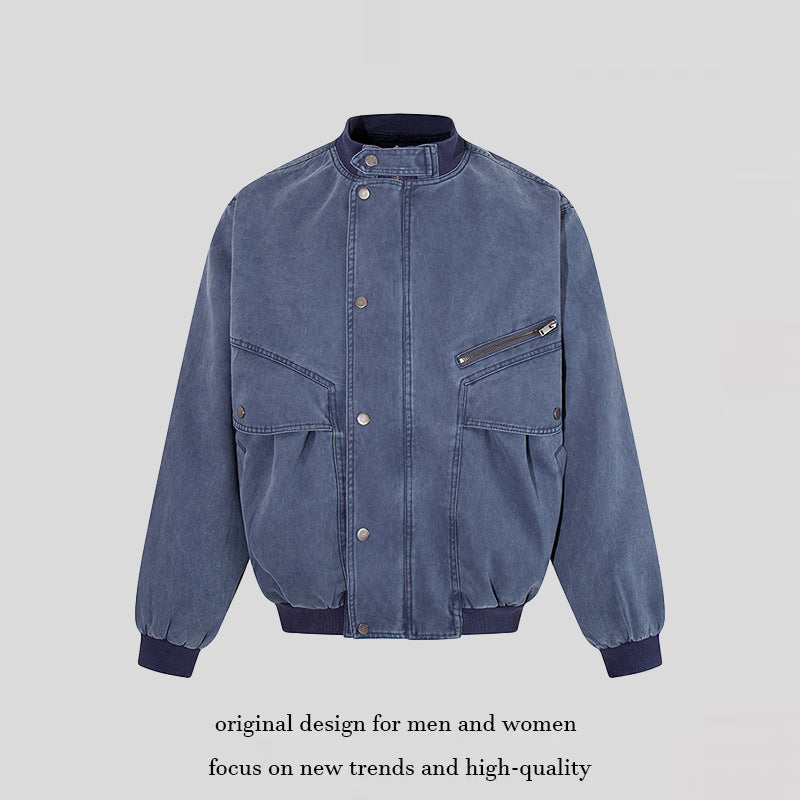 Men's Oversize Bomber Jacket in Vintage Wash with Stand Collar and Utility Pockets Chichicherry