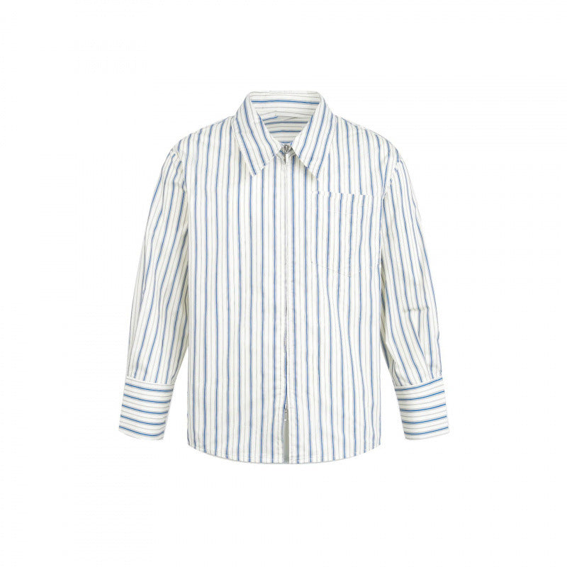 Women's Striped Oversized Blouse Shirt with Concealed Zipper and Chest Pocket Chichicherry