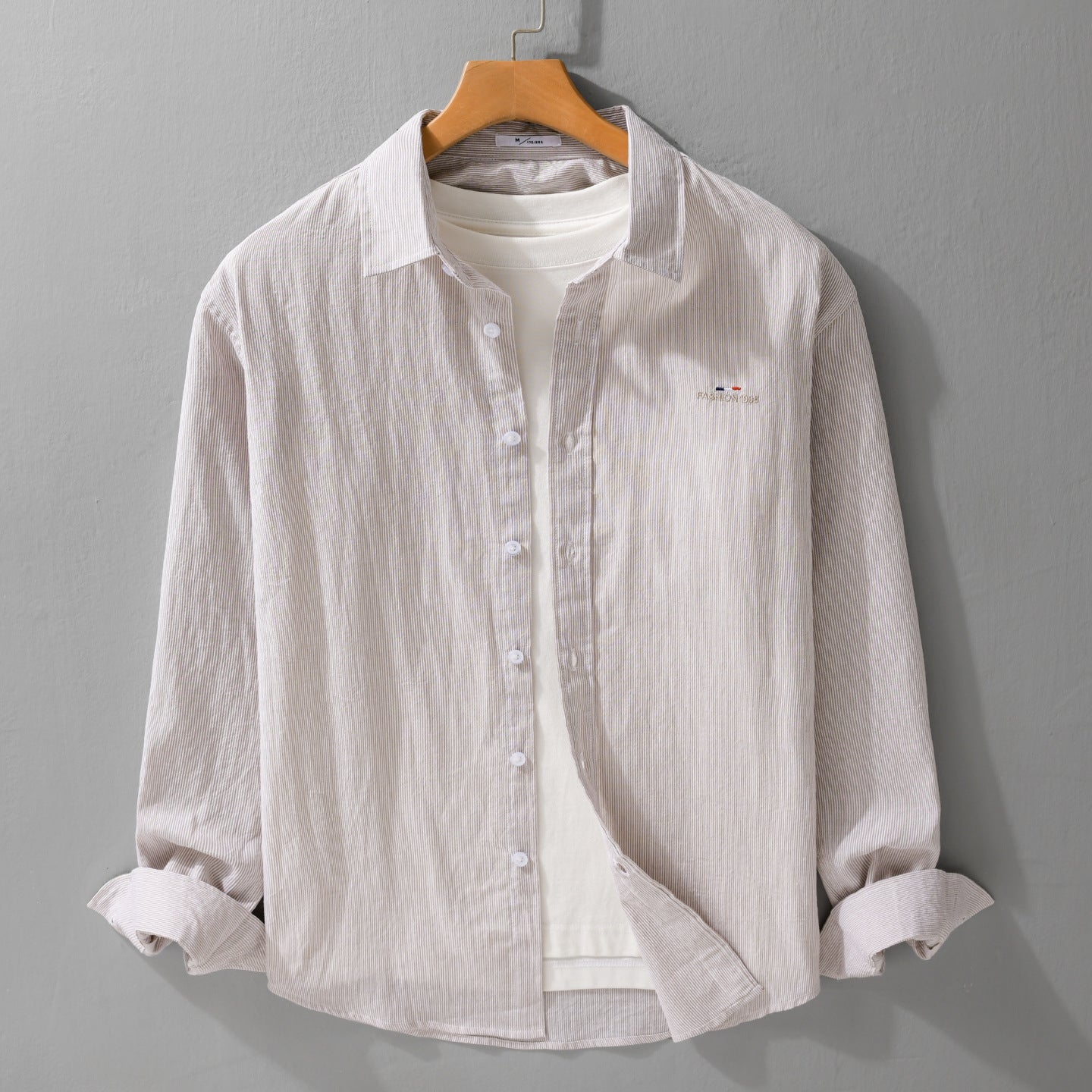 Men's Light Long Sleeve Shirt with Fine Pinstripes and Chest Embroidery Chichicherry