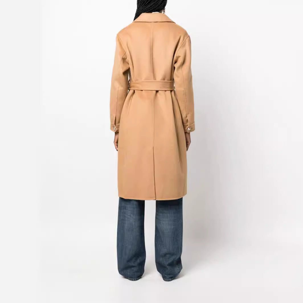 Women's Midi-Length Wrap Coat in Clean-Cut made of Wool-Cashmere Blend with Tie Belt Chichicherry